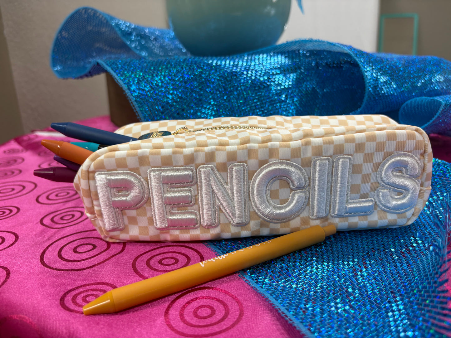 Tan Checkered Pencil Pouch
